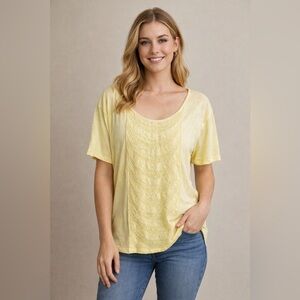Johnny Was Yellow Eyelet Lace Cotton Tee